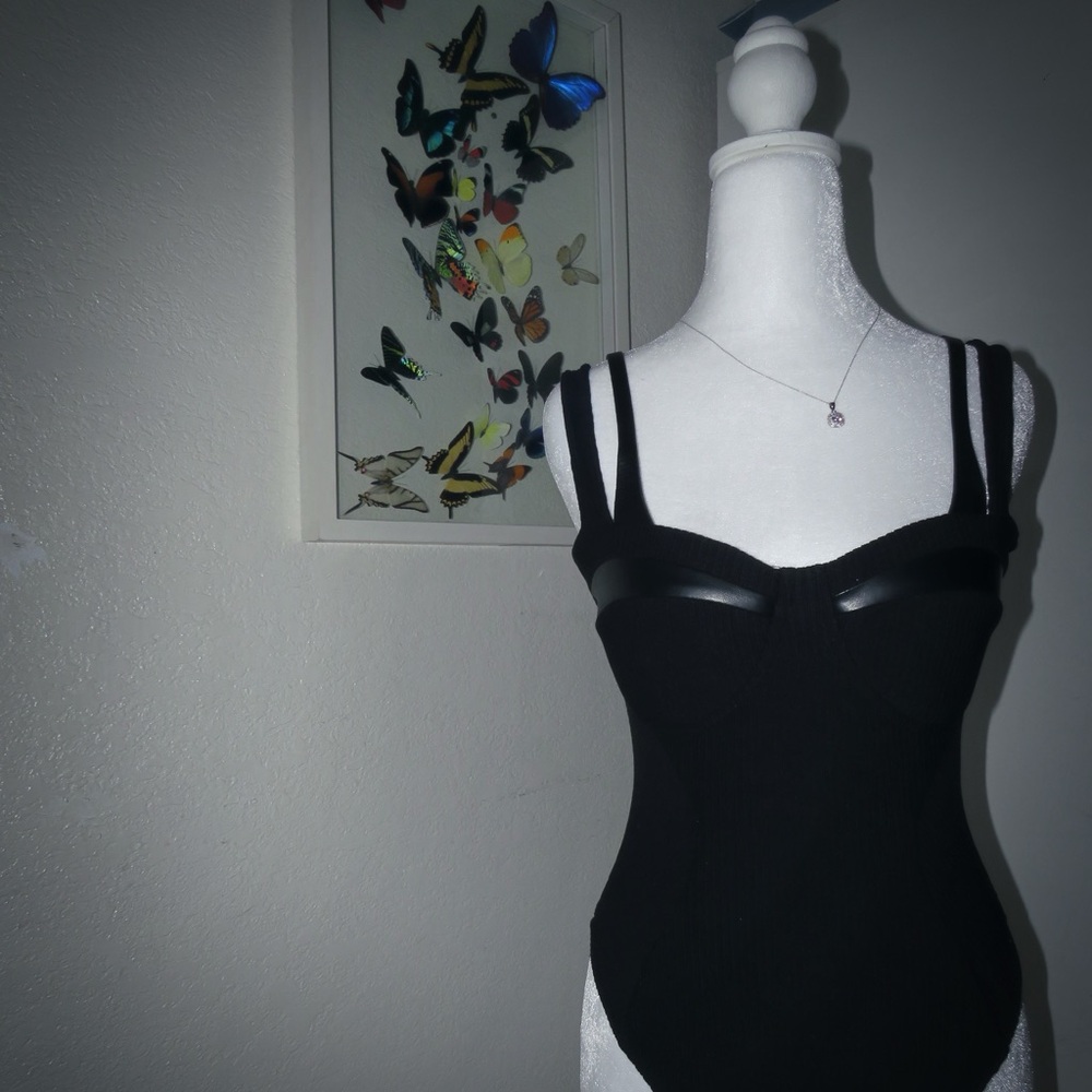 Maniere De Voir Twin Strap Black Ribbed Bodysuit Vegan Leather